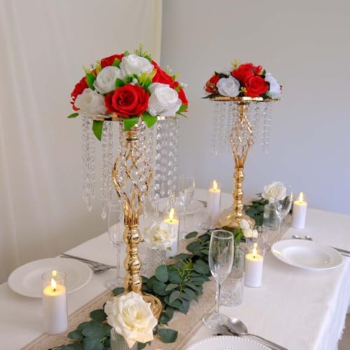 6 Pieces 21.65 Inch Wedding Gold Flower Centerpieces Crystal Metal Vase Set - Elegant Table Decor
