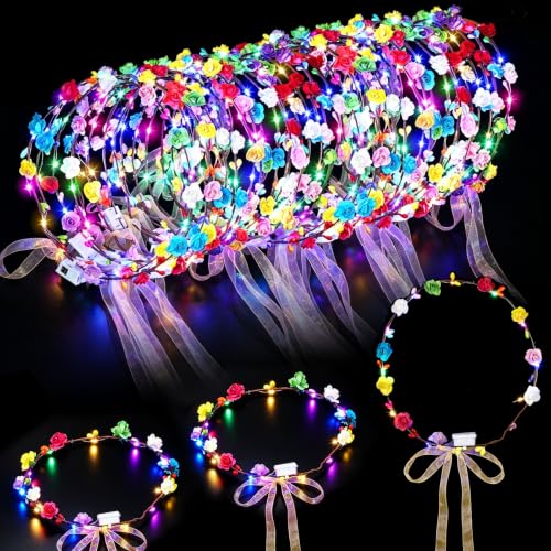 25 Pieces LED Flower Crowns Light Up Floral Headbands with Ribbons - Colorful Party Accessories