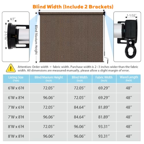 Mocha Outdoor Roller Shades 8' W x 8' H - Cordless Sunblock & Privacy Screen