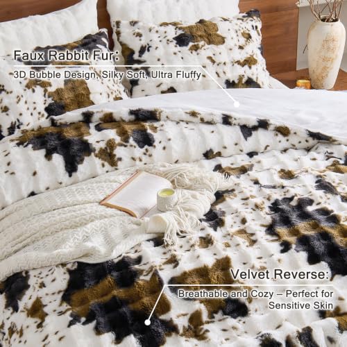 Faux Rabbit Fur Bubble Comforter Set Queen with Cow Print - 3 Pieces