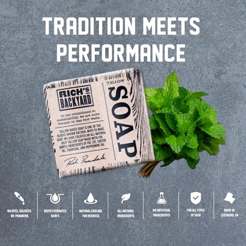 RICH'S BACKYARD All-Natural Handcrafted Beef Tallow Soap ? Moisturizing & Deep Cleansing | Charcoal & Peppermint Oil | No Artificial Ingredients | Sustainably Sourced | 7 oz Bar
