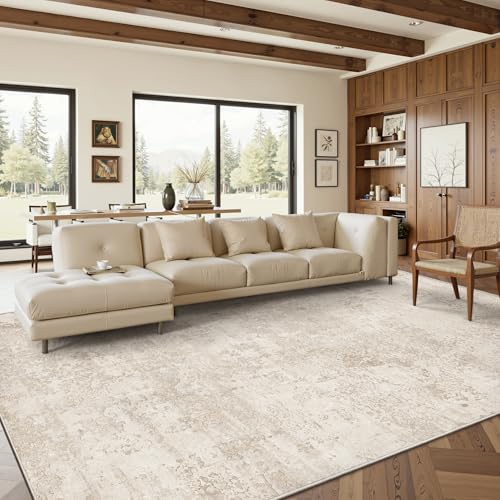 Beige 8x10 Abstract Washable Area Rug for Living Room - Machine Washable, Soft & Stain-Resistant