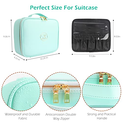 MOMIRA Travel Makeup Bag Cosmetic Bag Makeup Organizer Bag with Lighted Mirror, Adjustable Brightness in 3 Color Scenarios, Waterproof Makeup Train Case, Gift for Women - Green