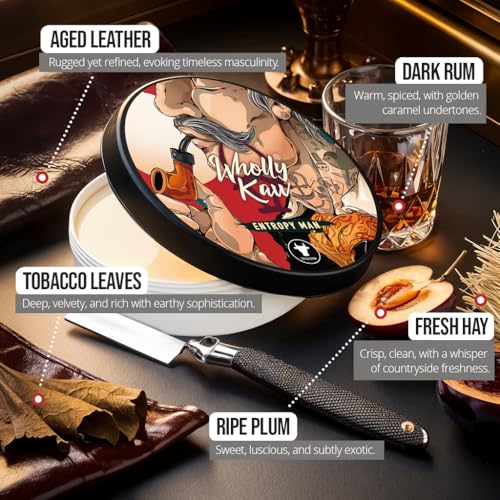 Entropy Man Tallow Shaving Soap. Enriched with Donkey Milk, Water Buffalo Milk, Whey Proteins, Omega 3, Omega 6, Hops Extract. Tobacco, Leather, Plum, Rum, Hay