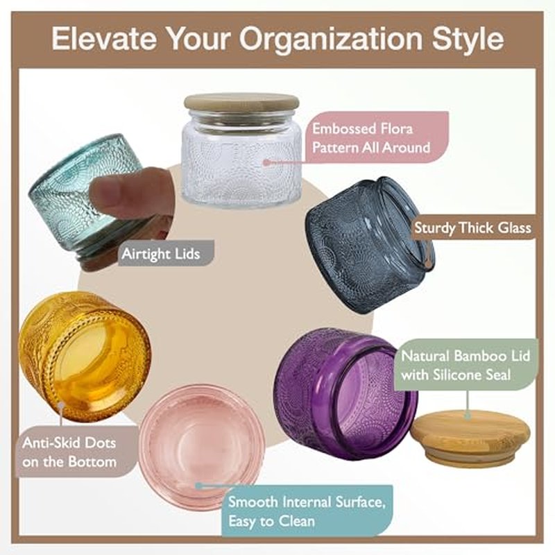 4 oz Decorative Mini Glass Jars with Bamboo Lids (24 pack, 4 Colors)