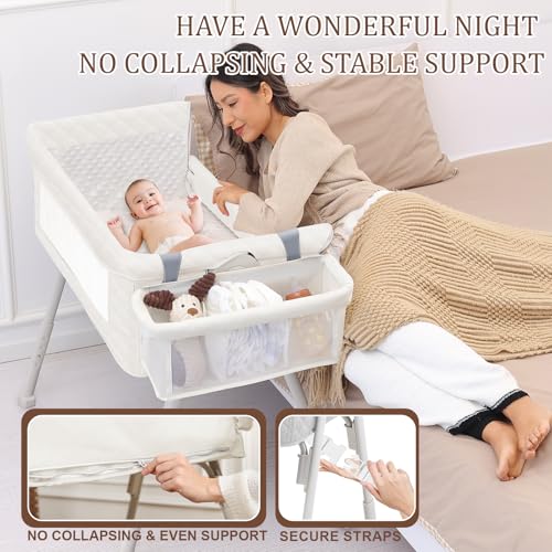 Baby Bassinet Bedside Crib with Storage & 4-in-1 Convertible Modes - White
