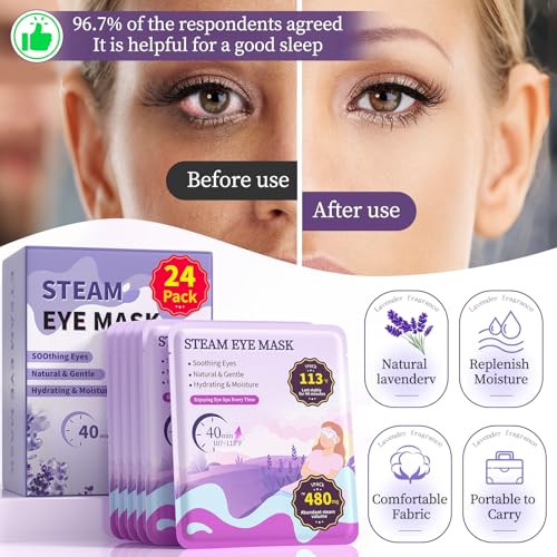 110¢µ Constent Cornea Care Rest Self Heating Eye Mask 60Mins, Disposable Lavender Steam Eye Mask for Travel Sleep, Compresses for Dry Eyes, Relaxing Gifts 24 Packs