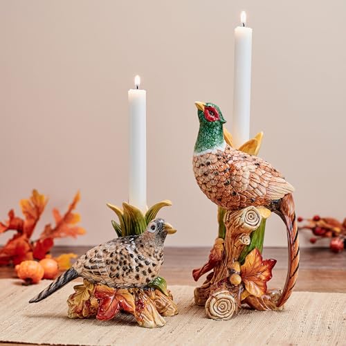 Fall Harvest Pheasant Ceramic Candle Holders Set of 2 - Autumn Decor