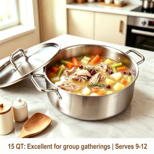 HOMICHEF 15 Qt Braiser Pan with Lid - Nickel Free Stainless Steel, 3-Ply Base, Matte Finish (Silver)