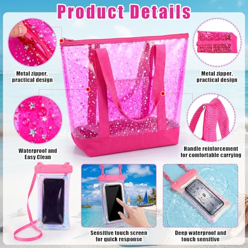 Pink Clear Stars Bag Set for Women - Beach Tote & Cosmetic Pouch Travel Accessories