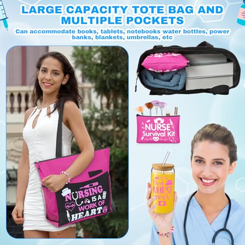5 Pcs Valentine Nurse Gifts for Women Include Ribbon Zippered Tote Bag Makeup Bag 16 oz Glass Cup Bracelets and Sock Appreciation Gift Set for Galentines Female Gift(Hot Pink,Nurse)
