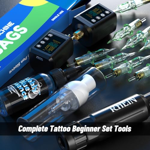 RHEIN Wireless Rotary Tattoo Pen Kit for Beginners - Complete Starter Set with 2 Power Supplies & Needles