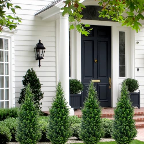 GZFDY 3Ft Artificial Cedar Topiary Trees (2-Pack) with Ground Spikes - UV-Resistant Indoor & Outdoor Faux Shrubs, Green Ground Spike Cedar-2pcs