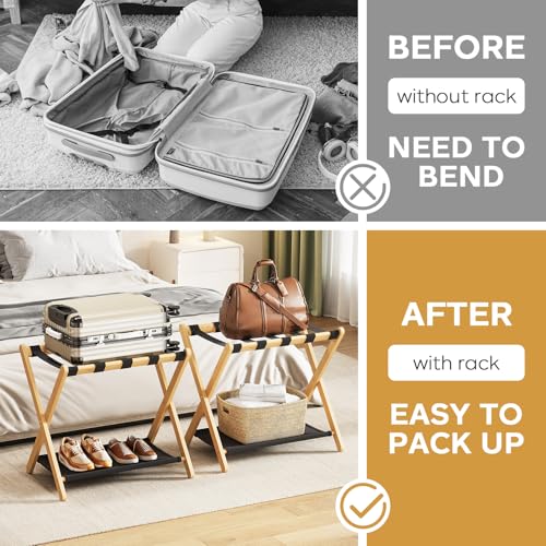 oakvivo Natural Bamboo Foldable Luggage Rack 2-Pack with Storage Shelf for Guest Room
