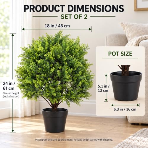 Artificial Outdoor Topiary Trees - 24 Inch Faux Cedar Ball Set of 2 - Green