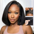 10 Inch Kinky Straight Half Wig for Black Women - Natural Black, Glueless, No Lace