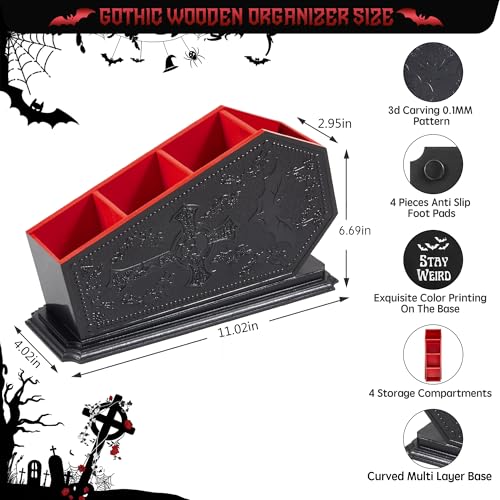 Gothic Coffin Makeup Brush Holder - Red Bat Cosmetic Display Case, Witchy Vanity Organizer