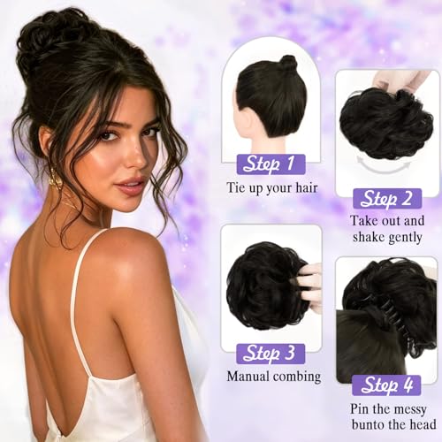 LRSICAL Natural Color Human Hair Messy Bun Hair Piece Clip-In Style
