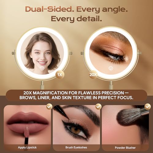 Lighted Makeup Mirror, 5000 mAh Rechargeable Double Sided Magnifying Vanity Mirror with 3 Colors, 1x/20x, 360¡Æ Rotation , Brightness Adjustable lighted mirror with magnification, Antique Bronze