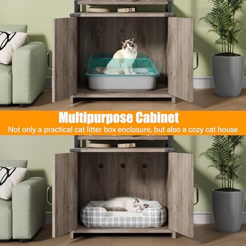 Grey Cat Litter Box Enclosure with 4 Shelves & Doors, Fits Most Sizes