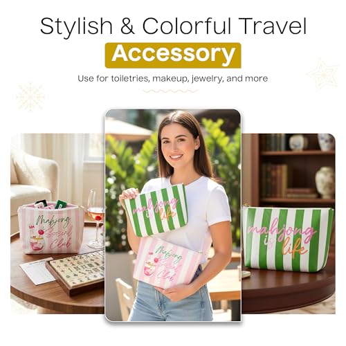 Aspen Lane Set of 2 Mahjong Tile Bags - Preppy Stripe Pink Cosmetic Pouch, 9"x7", Green Stripe Mahjong Gifts Mahjong Bag Mah Jongg Accessories,Mahjong Social Club Water Resistant