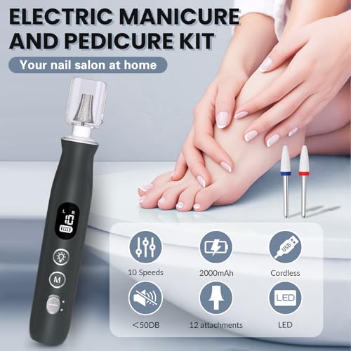 Electric Nail Drill, Cordless 2000 mAh Rechargeable Portable Nail File 12 in 1 Kit for Thick Toenails, 10 Speeds Nail Dril Machine Professional Manicure Pedicure for Hand Natural Nails Care (Grey)
