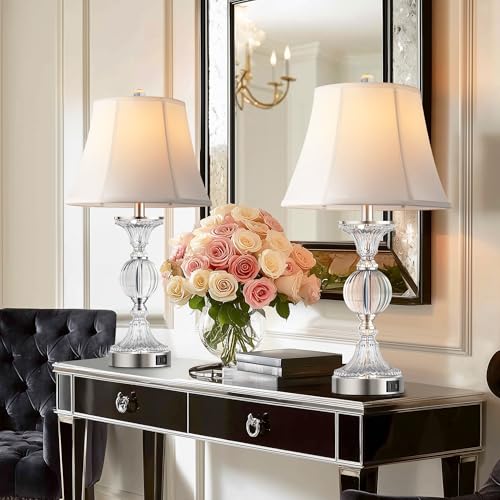 Glass Table Lamps Set of 2 - Modern Dimmable Touch Nightstand Lamps with USB - Brushed Silver & Clear