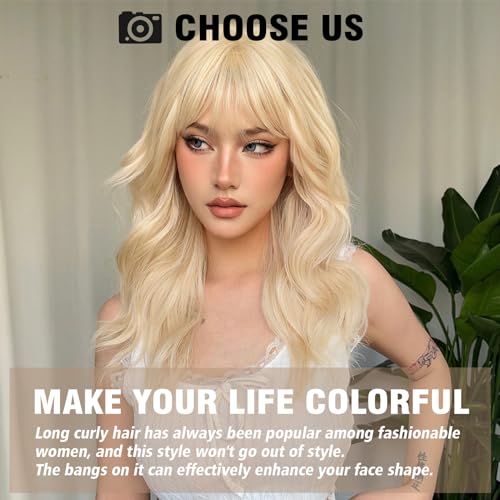 Blonde Wigs for Women 22 Inch Platinum Curly Wig with Bangs Synthetic Hair