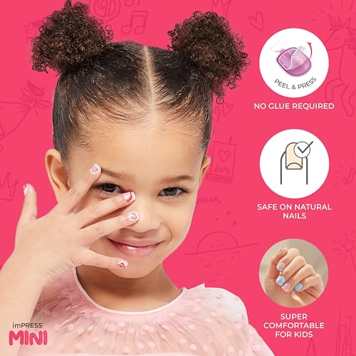 KISS imPRESS No Glue Mani Press On Nails, Mini Press-On Manicure for Kids, 'Dream Big', Pink, Kids Size, Squoval Shape, Includes 20 Fake Nails with Removable Application Tabs, 1 Mini File