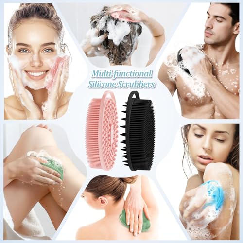Soft Silicone Body Scrubber 4PCS, 2-in-1 Bath & Shampoo Brush with Dual-Side Usage, Hygienic Silicone Loofah Shower Scrubber for Gentle Exfoliating & Good Lathering(Black/Pink/Green*2)