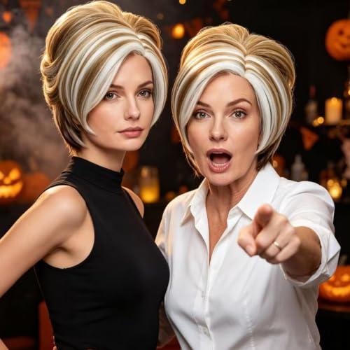 Short Blonde Brown Wavy Wig for Women - Layered Curly Costume Hair with Gold & White Mix Variation