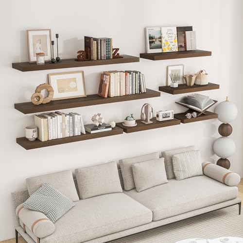 Walnut Floating Wall Shelves Set of 2 - 55 Inches Long, Rustic Modern Design