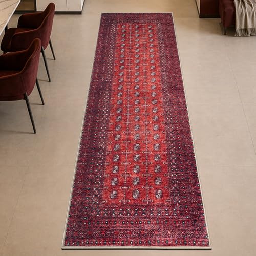 2'6" x 7' Vintage Washable Runner Rug Non-Slip Low Pile Red Burgundy