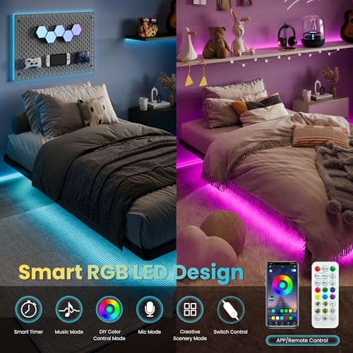 Twin Size Floating Bed Frame with RGB LED Lights - Matte Black