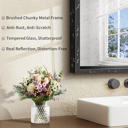 CIRCUMI 30x42 Inch Brushed Black Chunky Rectangular Bathroom Mirror with Frame