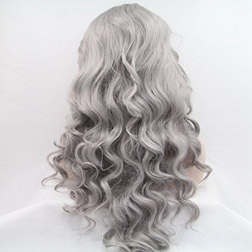 Gray 13x4 Lace Front Synthetic Wig Long Curly Silver Hair for Women & Drag Queens - Halloween Cosplay