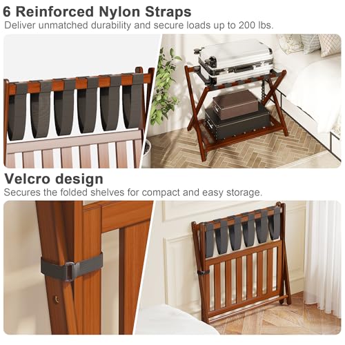 BAMBOOHOMIE 2 Pack Bamboo Luggage Rack with Storage Shelf - Brown