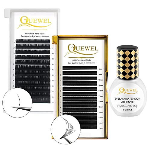 Volume Eyelash Extensions 0.07 D Curl 8-15mm Mixed Lash Tray + Classic Eyelash Extension 0.15 D Curl Mix-8-14mm + QUEWEL Strong Black Adhesive for Eyelash Extensions 6ml