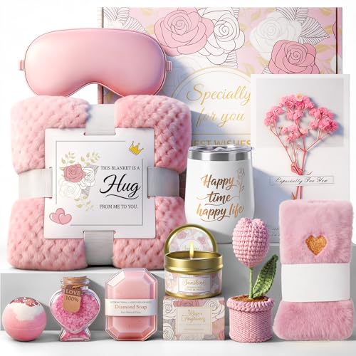 Self Care Spa Gift Set for Women - Cozy Blanket, Eye Mask, Fuzzy Socks & Tumbler