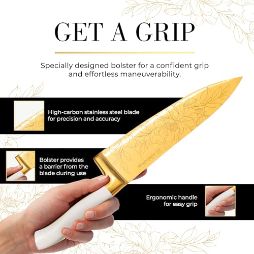 Gold and White Knife Set with Floral Pattern and Built-In Sharpener - 14-Piece with Knife Block (Off White Handle, Gold Blade & White Block)