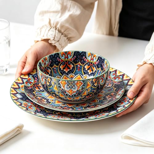 12-Piece Bohemian Ceramic Dinnerware Set for 4 with Colorful Plates & Bowls