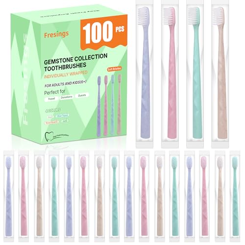 100 Pack Disposable Toothbrushes with Tongue Scraper - Soft Bristles, Individually Wrapped Bulk Travel Set - 4 Colors