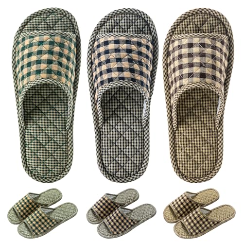 3 Pairs Plaid House Slippers for Men, Open Toe Indoor Slippers Comfortable Washable Portable Foldable Guest Travel Hotel Airplane Spa Slippers