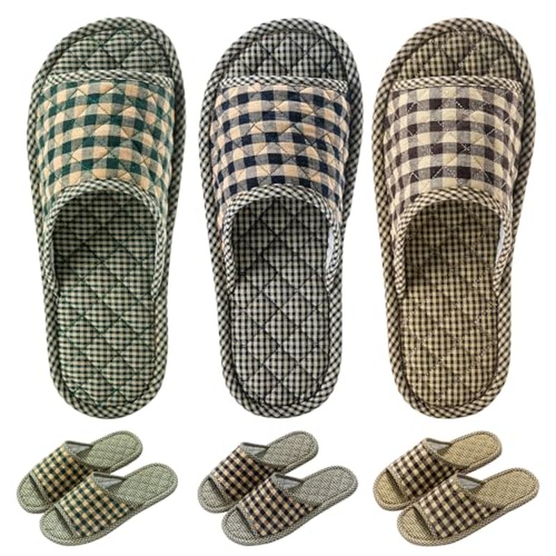 3 Pairs Plaid House Slippers for Men, Open Toe Indoor Slippers Comfortable Washable Portable Foldable Guest Travel Hotel Airplane Spa Slippers