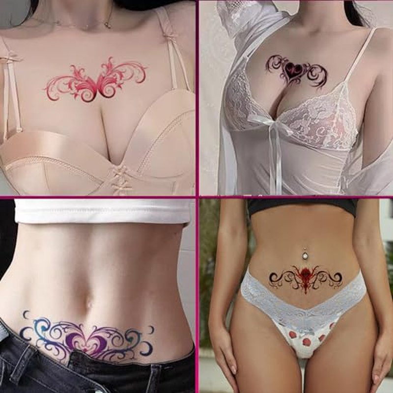 24 Sheets Sexy Belly Temporary Tattoos Black Red Heart Navel Waterproof Tattoo Stickers Bust Stomach Waist Back Fake Body Tattoos for Women
