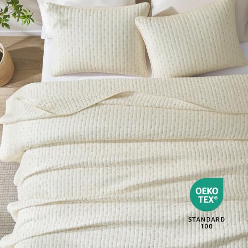 Cream White Cross Stitch Quilt Set - 100% Cotton King Bedding with Pillow Shams