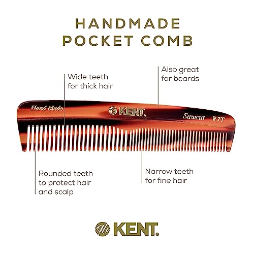 Kent R7T Fine and Wide Tooth Hair Comb, Pocket Comb for Men, Best Beard and Mustache Comb for Everyday Grooming and Styling, Handmade Sawcut and Polished, Made in England (6 Pack)