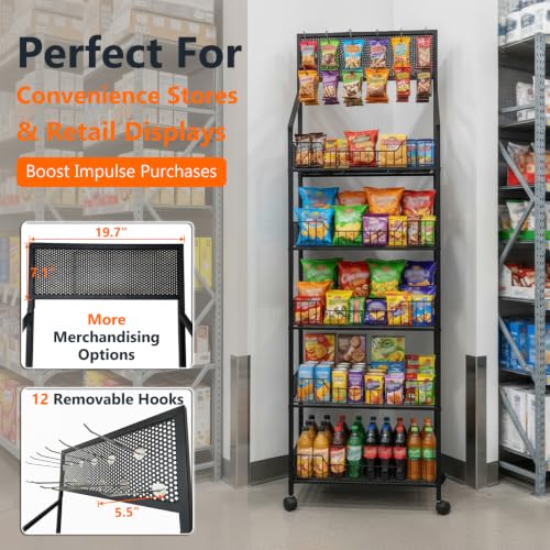 Black 5-Tier Snack Rack Display Stand with Wheels - Chip & Candy Merchandiser