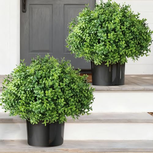 Artificial Boxwood Topiary Ball Trees - Set of 2 for Front Door & Garden Decor