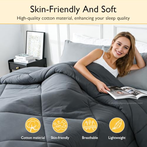 Grey Queen Size Cotton Comforter All Seasons - 100% Natural Fill, Lightweight & Breathable